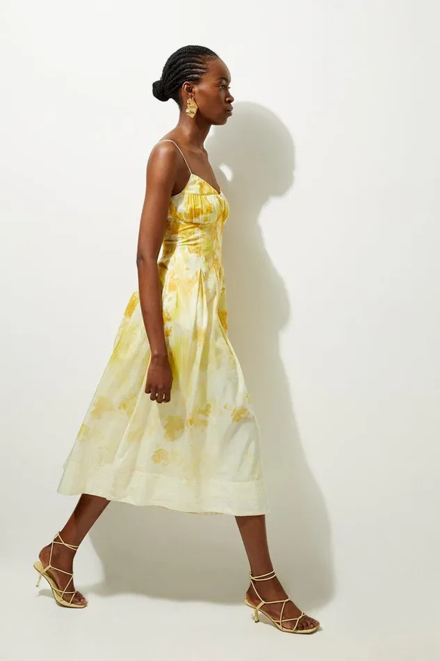 Dresses Women Karen Millen Silk Cotton Trailing Floral Strappy Midi Dress Yellow