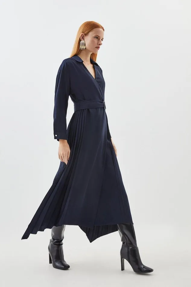 Dresses Women Karen Millen Soft Tailored Pleat Detail Belted Shirt Dress Navy Dresses Women Karen Millen Soft Tailored Pleat Detail Belted Shirt Dress Navy