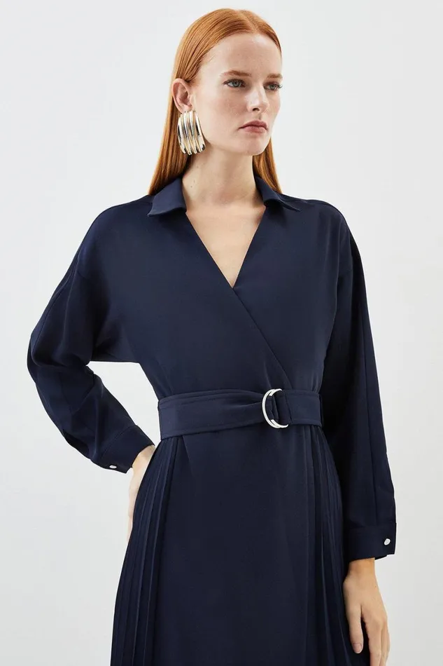 Dresses Women Karen Millen Soft Tailored Pleat Detail Belted Shirt Dress Navy