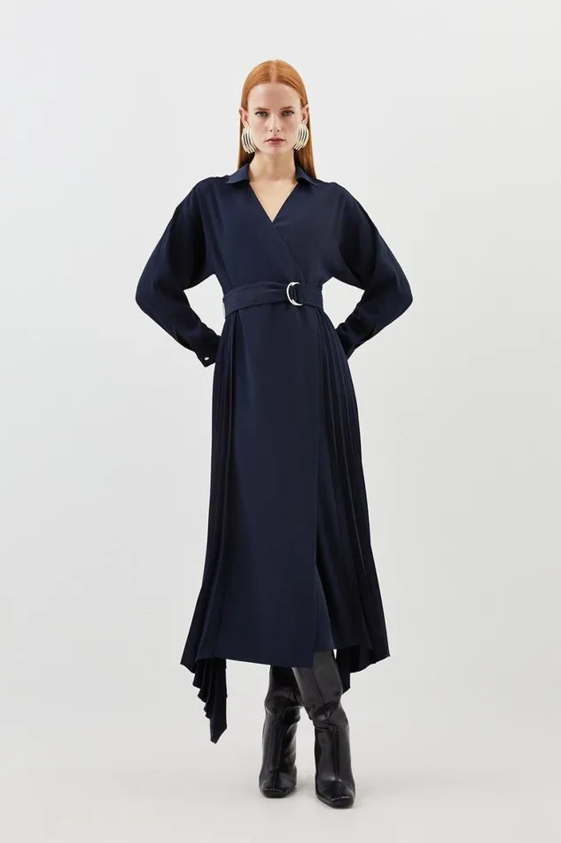 Dresses Women Karen Millen Soft Tailored Pleat Detail Belted Shirt Dress Navy