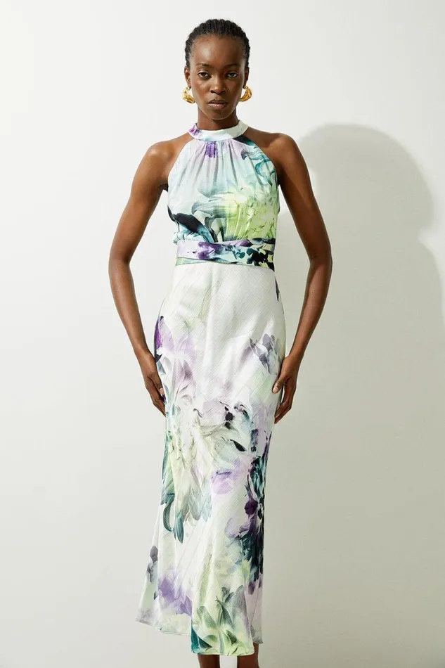 Dresses Women Karen Millen Spring Floral Hammered Satin Woven Halter Midi Dress Blue Dresses Women Karen Millen Spring Floral Hammered Satin Woven Halter Midi Dress Blue