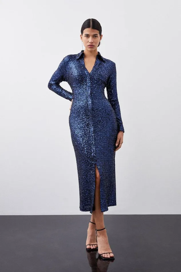Dresses Women Karen Millen Stretch Sequin Collar Plunge Midaxi Dress Navy