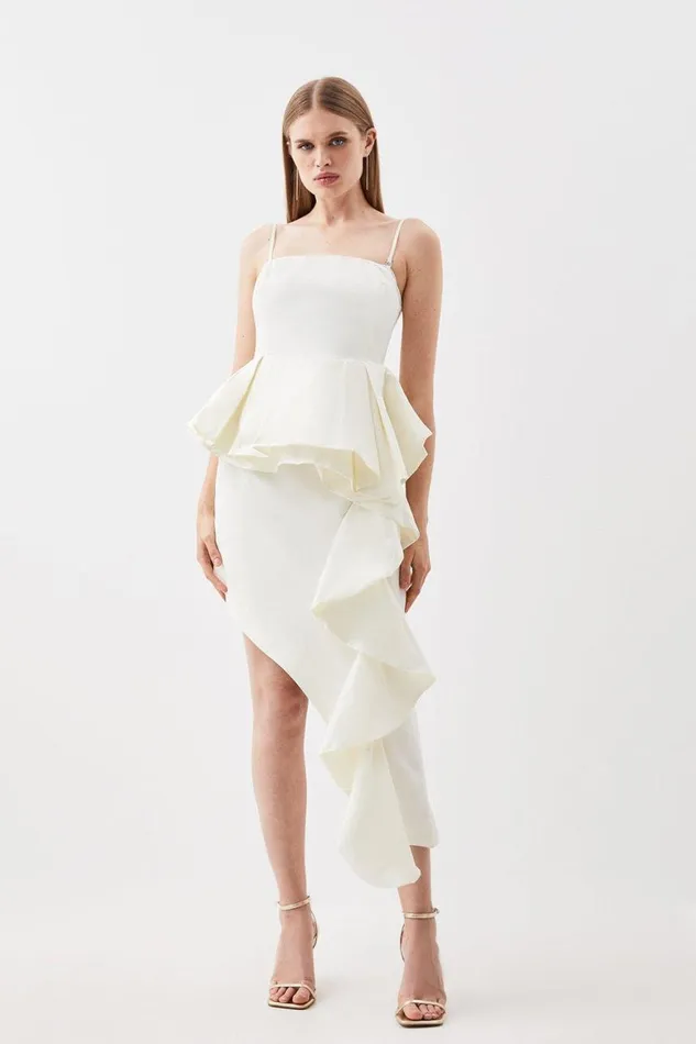 Dresses Women Karen Millen Taffeta Double Ruffle Detail Tailored Midi Dress Ivory