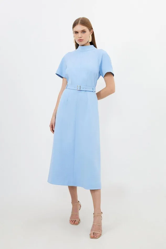 Dresses Women Karen Millen Tailored Belted Full Skirt Midi Dress Blue