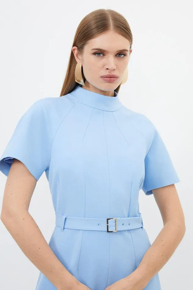 Dresses Women Karen Millen Tailored Belted Full Skirt Midi Dress Blue