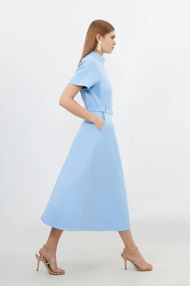 Dresses Women Karen Millen Tailored Belted Full Skirt Midi Dress Blue