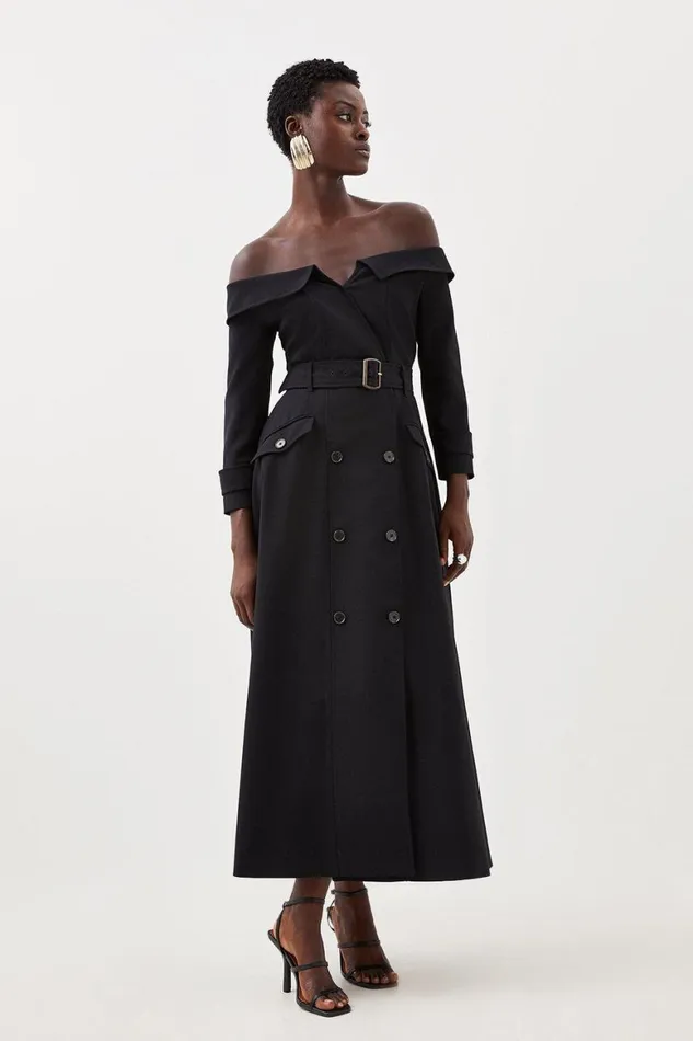 Dresses Women Karen Millen Tailored Off Shoulder Belted Double Breasted Pocket Detail Dress Black Dresses Women Karen Millen Tailored Off Shoulder Belted Double Breasted Pocket Detail Dress Black