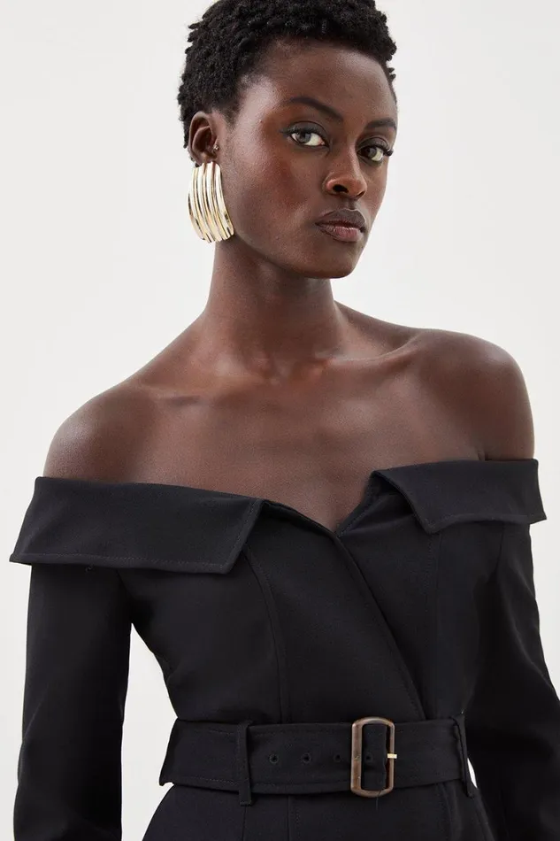 Dresses Women Karen Millen Tailored Off Shoulder Belted Double Breasted Pocket Detail Dress Black