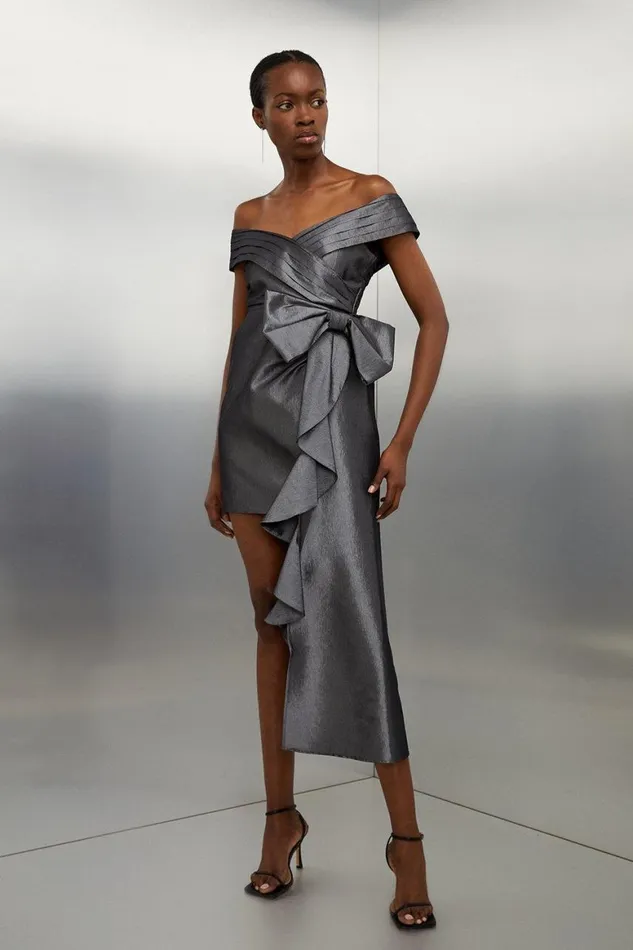 Dresses Women Karen Millen Tailored Off Shoulder Metallic Bow Drape Detail Mini Dress Metallic Silver