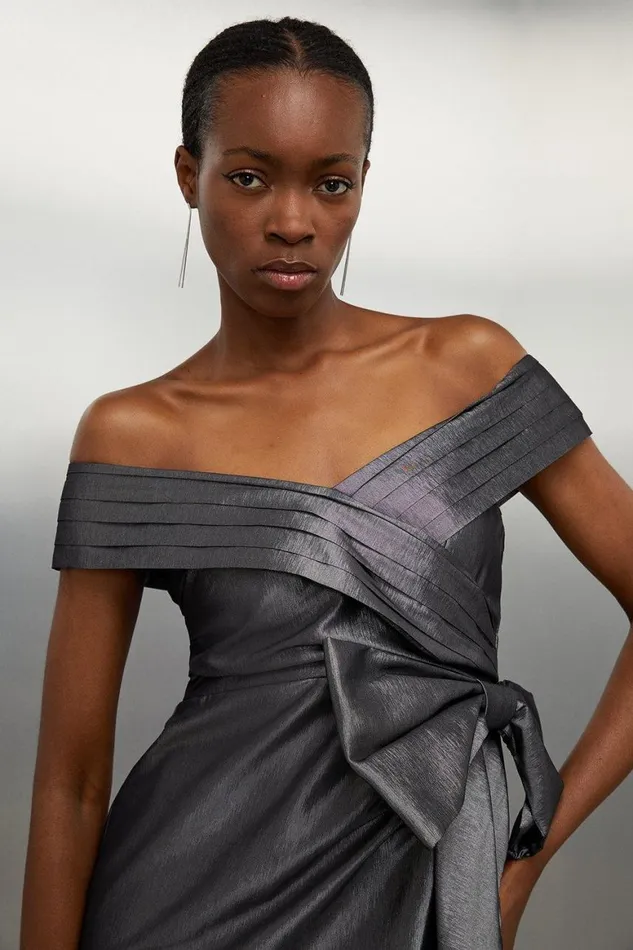 Dresses Women Karen Millen Tailored Off Shoulder Metallic Bow Drape Detail Mini Dress Metallic Silver