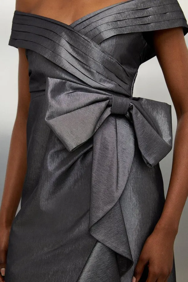 Dresses Women Karen Millen Tailored Off Shoulder Metallic Bow Drape Detail Mini Dress Metallic Silver
