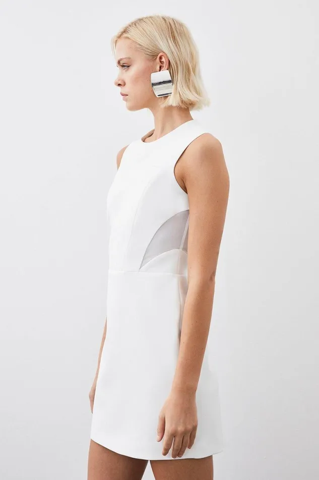 Dresses Women Karen Millen Tailored Scuba High Neck Mesh Panelled Mini Dress Ivory