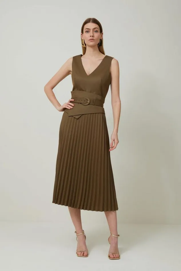 Dresses Women Karen Millen Tailored Wool Blend Belted Pleat Detail Midi Dress Olive Dresses Women Karen Millen Tailored Wool Blend Belted Pleat Detail Midi Dress Olive