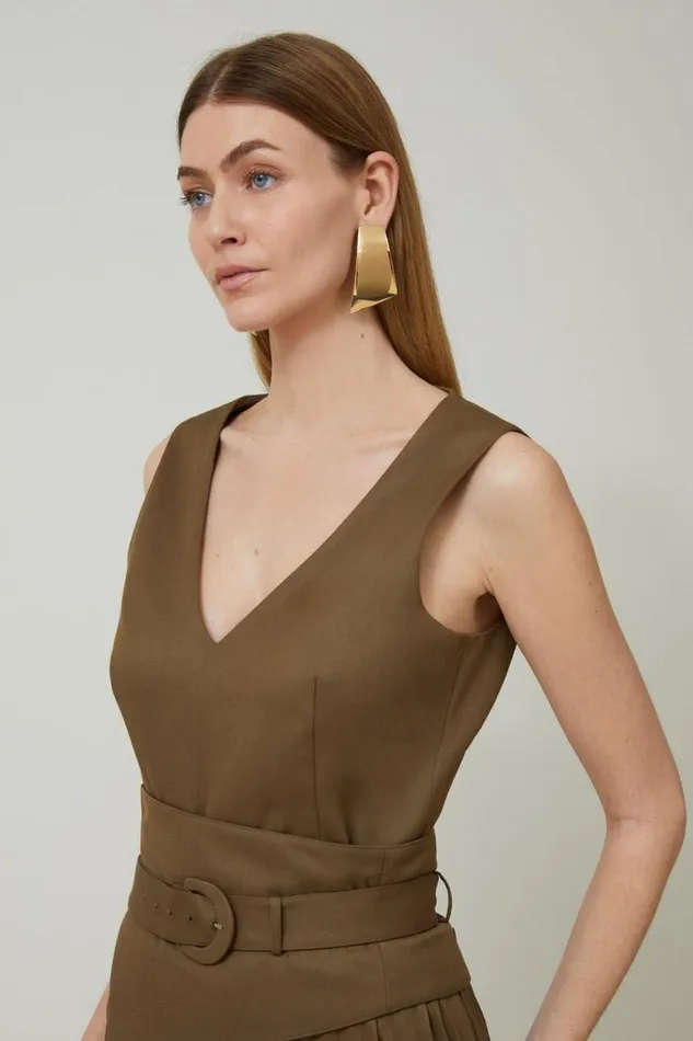 Dresses Women Karen Millen Tailored Wool Blend Belted Pleat Detail Midi Dress Olive
