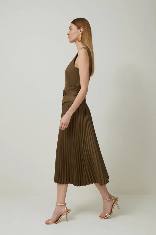Dresses Women Karen Millen Tailored Wool Blend Belted Pleat Detail Midi Dress Olive