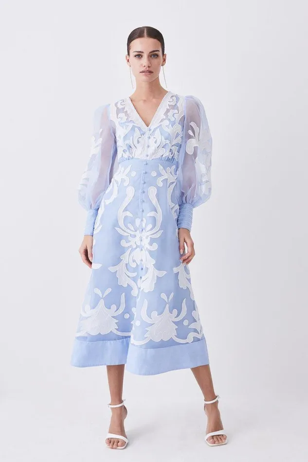 Dresses Women Karen Millen Tall Applique Organdie Buttoned Woven Maxi Dress Blue Dresses Women Karen Millen Tall Applique Organdie Buttoned Woven Maxi Dress Blue