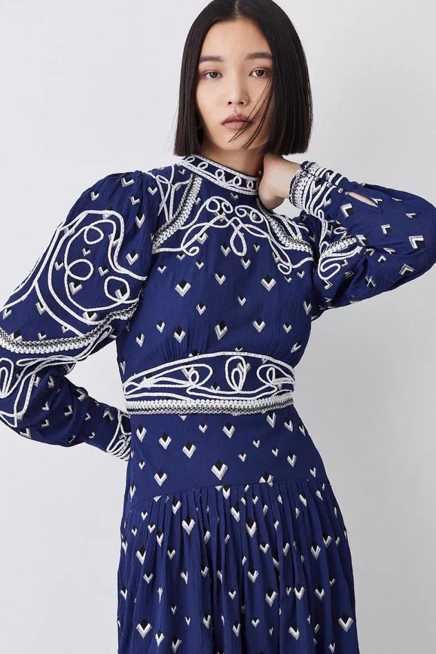 Dresses Women Karen Millen Tall Embroidered Cornelli Tape Woven Dress Navy
