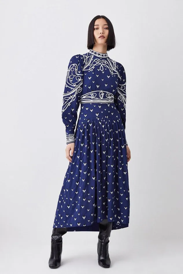 Dresses Women Karen Millen Tall Embroidered Cornelli Tape Woven Dress Navy
