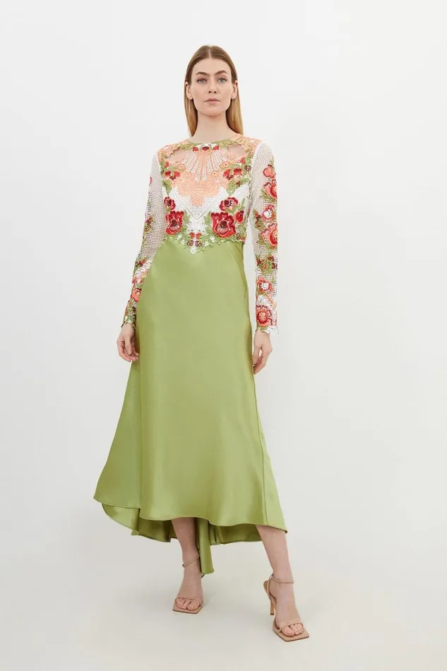 Dresses Women Karen Millen Tall Premium Satin Guipure Lace Maxi Dress Sage