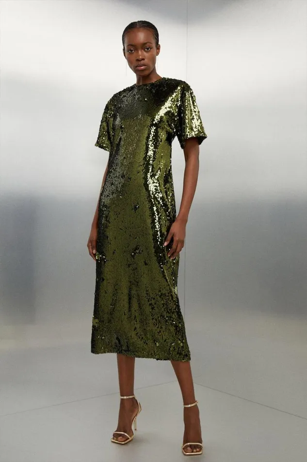 Dresses Women Karen Millen Tall Sequin Woven Midi Dress Khaki