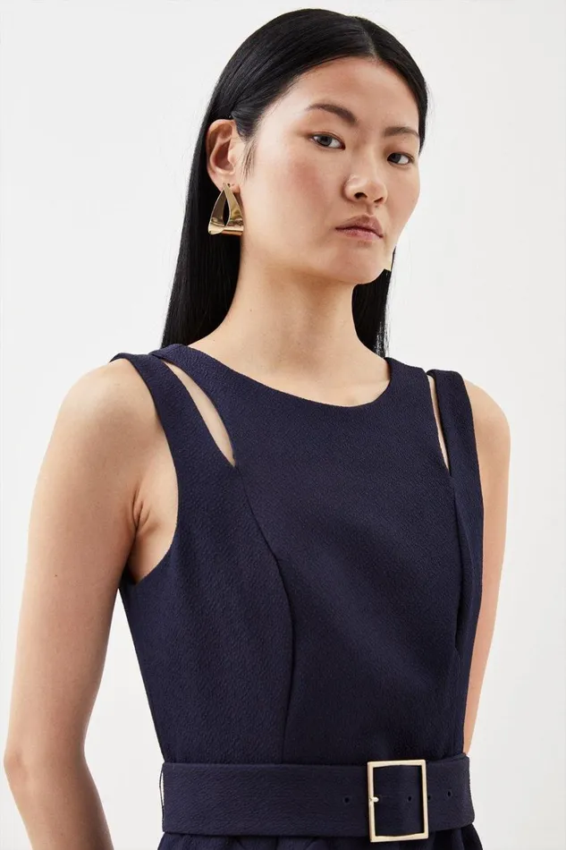 Dresses Women Karen Millen Textured Crepe Tailored Seam Detail Belted Midaxi Dress Navy