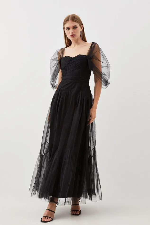 Dresses Women Karen Millen Tulle Corseted Woven Midi Dress Black