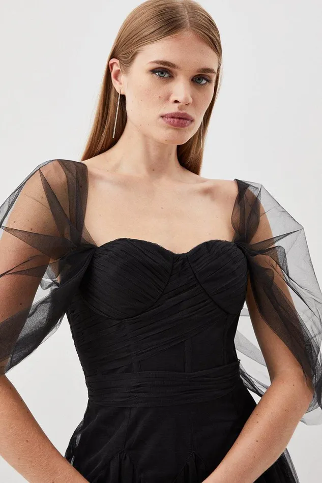 Dresses Women Karen Millen Tulle Corseted Woven Midi Dress Black