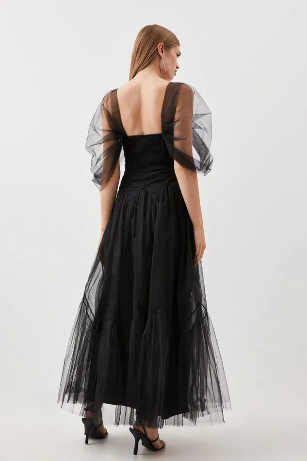 Dresses Women Karen Millen Tulle Corseted Woven Midi Dress Black