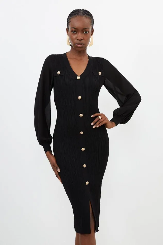 Dresses Women Karen Millen Viscose Blend Rib Knit Chiffon Sleeve Midi Dress Black Dresses Women Karen Millen Viscose Blend Rib Knit Chiffon Sleeve Midi Dress Black