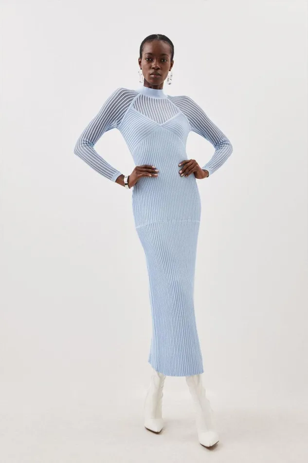 Dresses Women Karen Millen Viscose Blend Sheer Knit Column Midaxi Dress Pale Blue