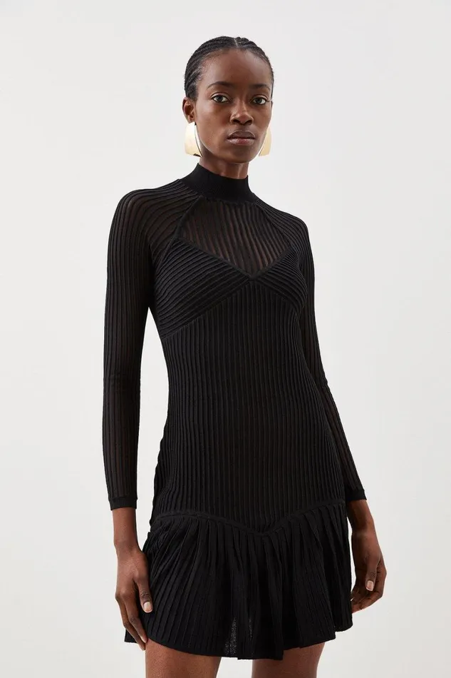 Dresses Women Karen Millen Viscose Blend Sheer Knit Ruffle Hem Dress Black