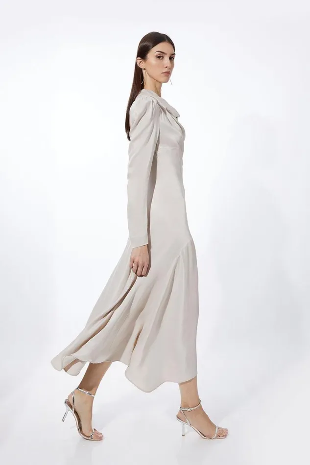 Dresses Women Karen Millen Viscose Satin Asymmetric Woven Maxi Dress Silver