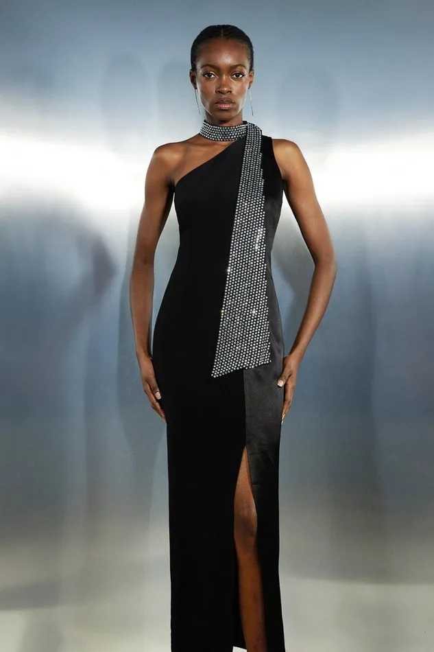 Dresses Women Karen Millen Viscose Satin Back Crepe Embellished Tie Detail Midi Dress Black Dresses Women Karen Millen Viscose Satin Back Crepe Embellished Tie Detail Midi Dress Black