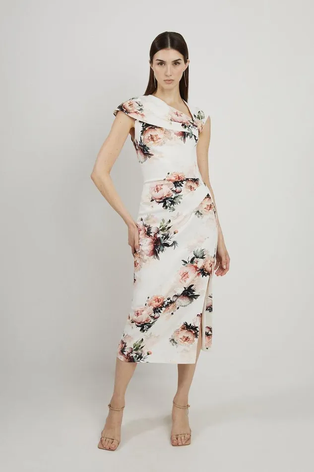Dresses Women Karen Millen Viscose Satin Back Crepe Peony Asymmetric Neck Midi Dress Floral Dresses Women Karen Millen Viscose Satin Back Crepe Peony Asymmetric Neck Midi Dress Floral