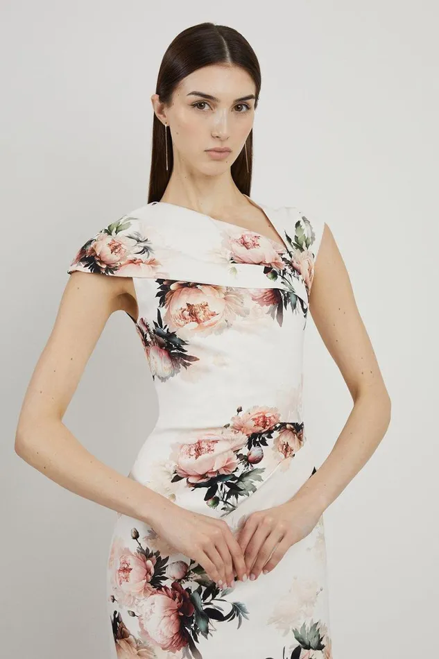Dresses Women Karen Millen Viscose Satin Back Crepe Peony Asymmetric Neck Midi Dress Floral