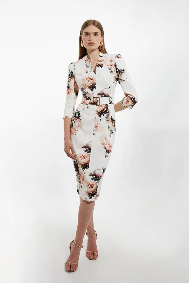 Dresses Women Karen Millen Viscose Satin Back Crepe Peony Forever Midi Pencil Dress Floral