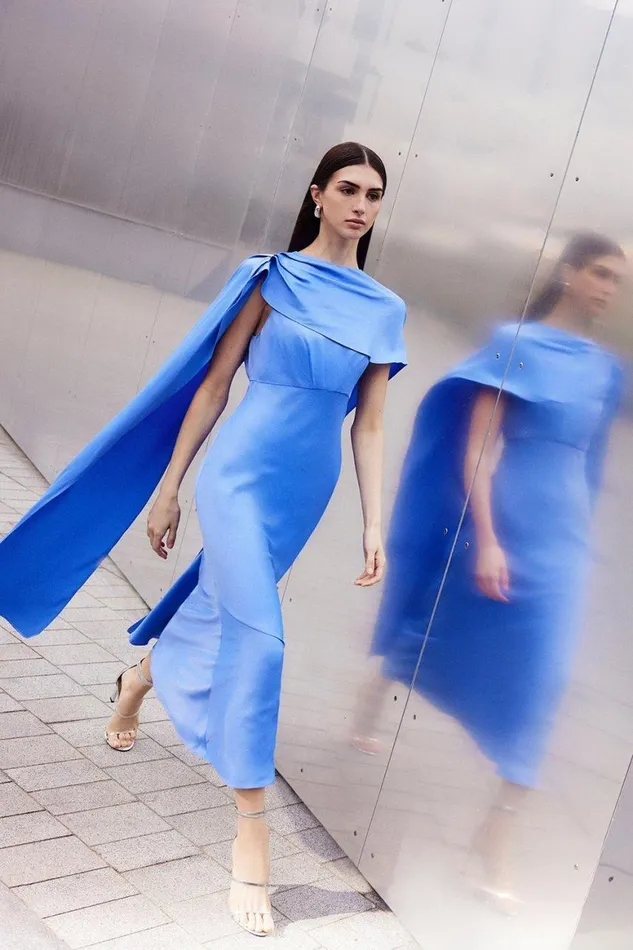 Dresses Women Karen Millen Viscose Satin Draped Midi Dress Blue