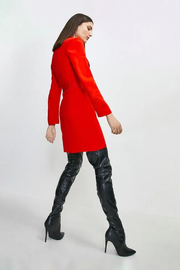 Dresses Women Karen Millen Viscose Satin Tailored Tuxedo Wrap Mini Dress Red