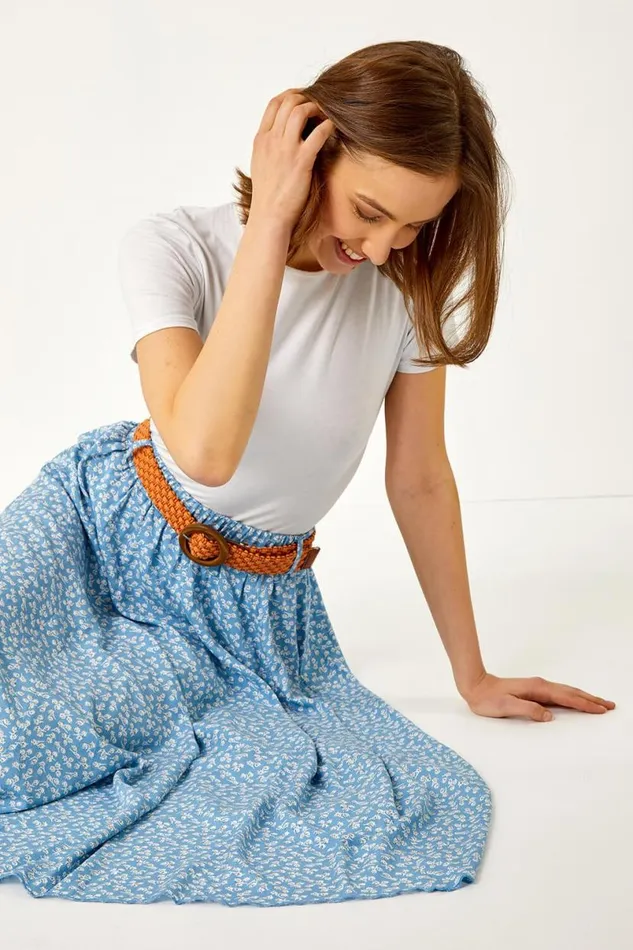 Floral Print Belted Elastic Waist Midi Skirt Women Roman Skirts