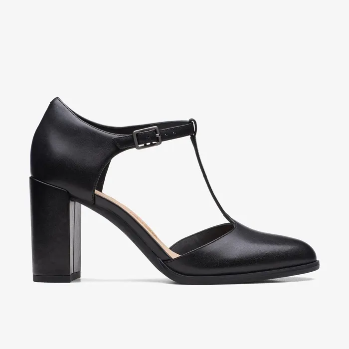 Freva 85 Bar Black Leather Women Clarks Heels and Pumps
