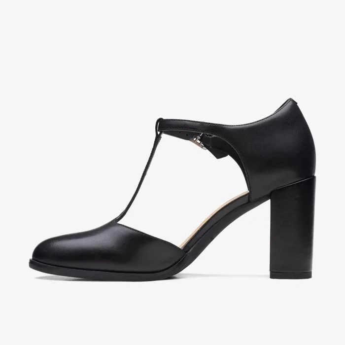 Freva 85 Bar Black Leather Women Clarks Heels and Pumps