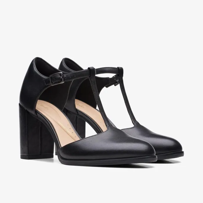 Freva 85 Bar Black Leather Women Clarks Heels and Pumps