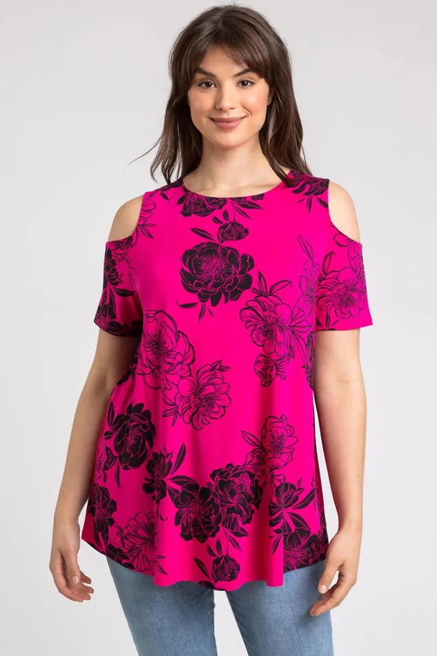 Fuchsia Curve Floral Print Cold Shoulder Jersey Top Women Roman Tops