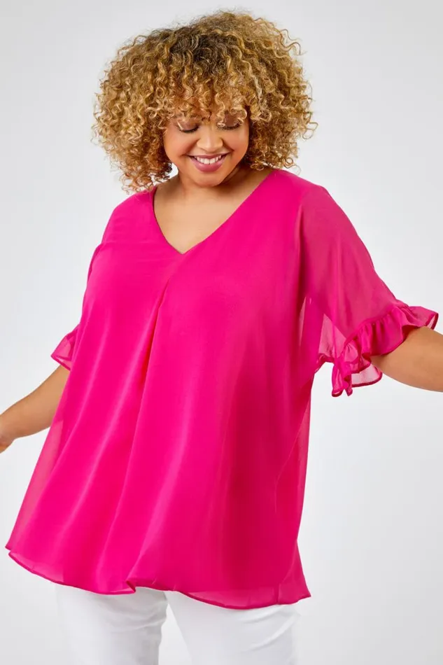 Fuchsia Curve Frill Sleeve Pleat Detail Top Women Roman Tops