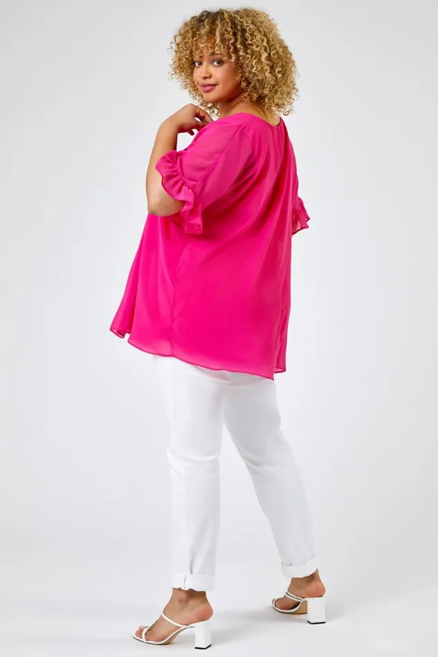 Fuchsia Curve Frill Sleeve Pleat Detail Top Women Roman Tops
