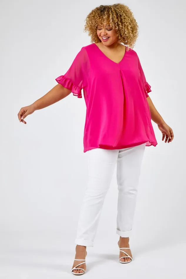 Fuchsia Curve Frill Sleeve Pleat Detail Top Women Roman Tops