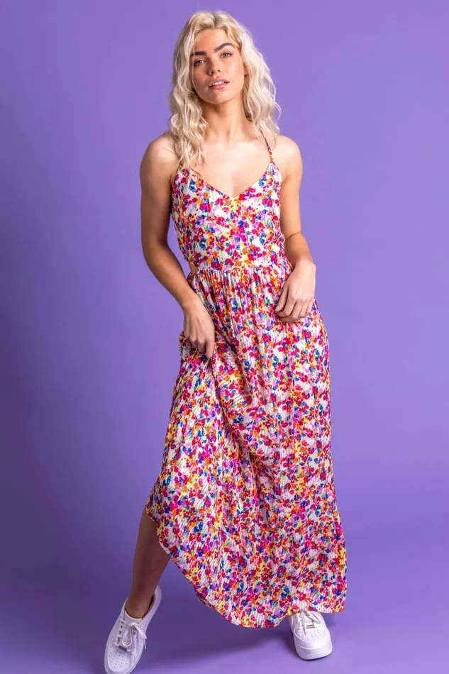 Fuchsia Floral Cross Back Maxi Dress Women Roman Dresses