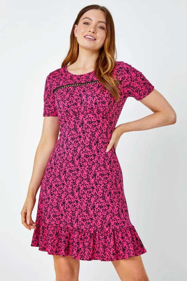 Fuchsia Floral Lace Detail Jersey Dress Women Roman Dresses