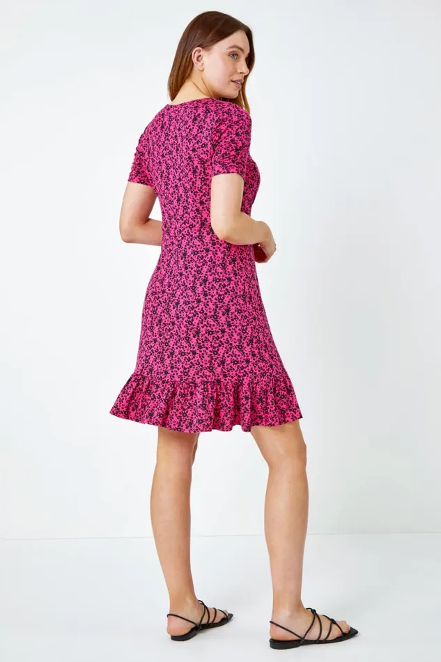 Fuchsia Floral Lace Detail Jersey Dress Women Roman Dresses