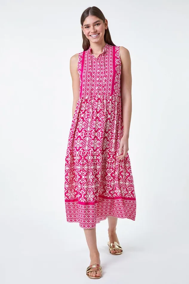 Fuchsia Geometric Border Print Midi Dress Women Roman Dresses
